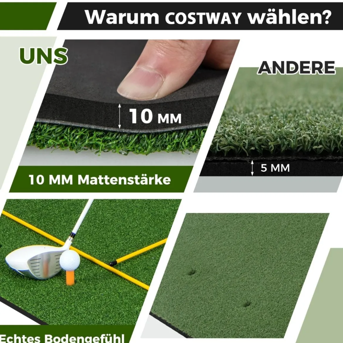 Golf Schlagmatte 2 Gummi Tees & 2 Ausrichtungsstäbe & 6 Abschlagpositionen 152 x 92 cm Dicke 32 mm