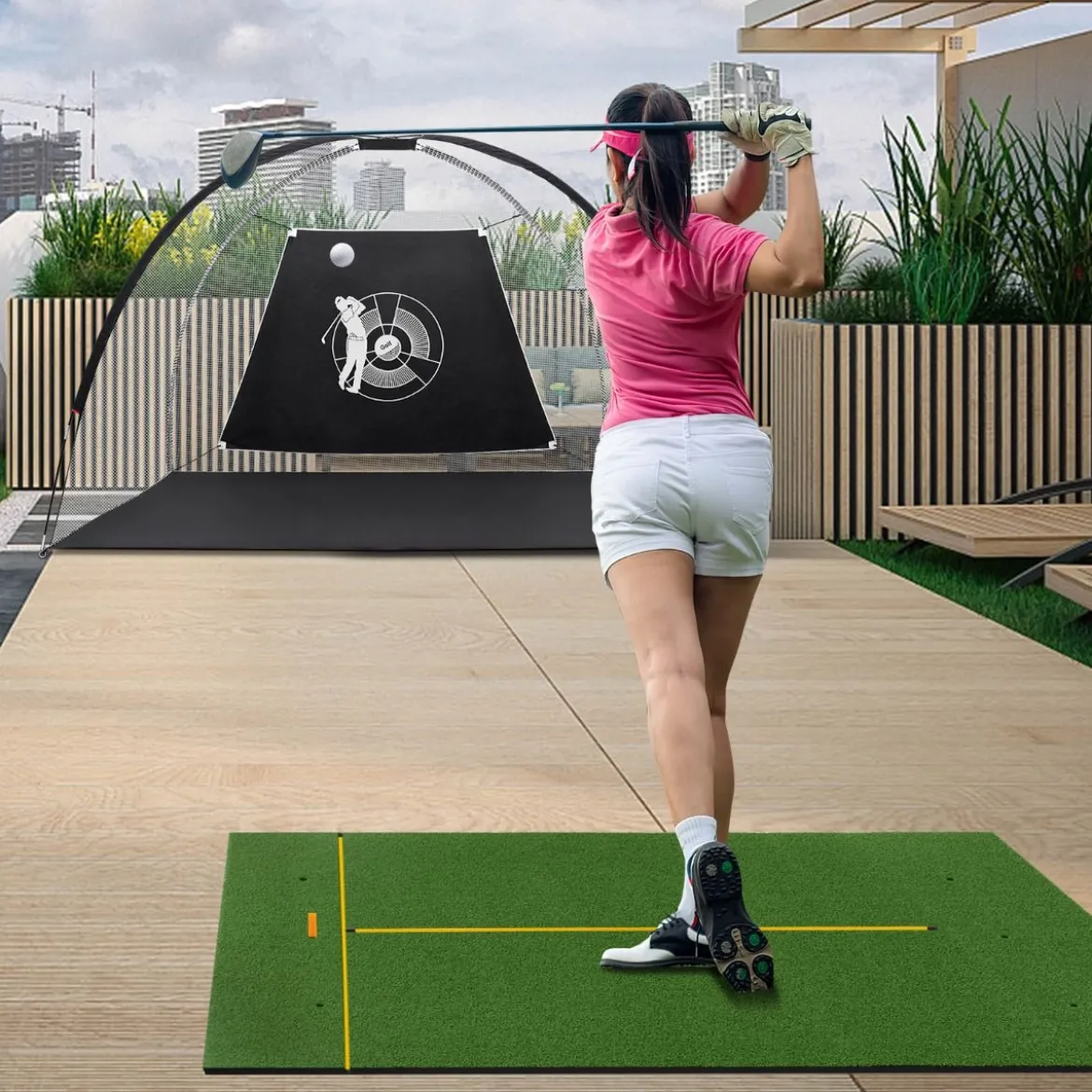 Golf Schlagmatte 2 Gummi Tees & 2 Ausrichtungsstäbe & 6 Abschlagpositionen 152 x 92 cm Dicke 32 mm