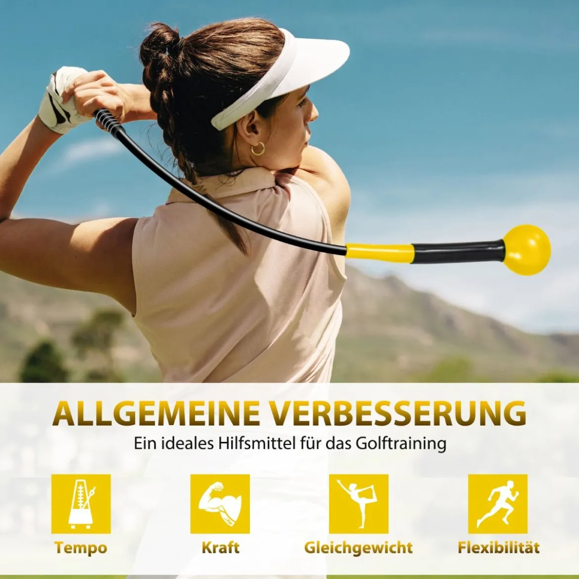 Golfschwungtrainer-Hilfe 80cm Golf Trainingshilfe mit Gewichts-Kopf für Griff Rhythmus Flexibilität Balance Gelb