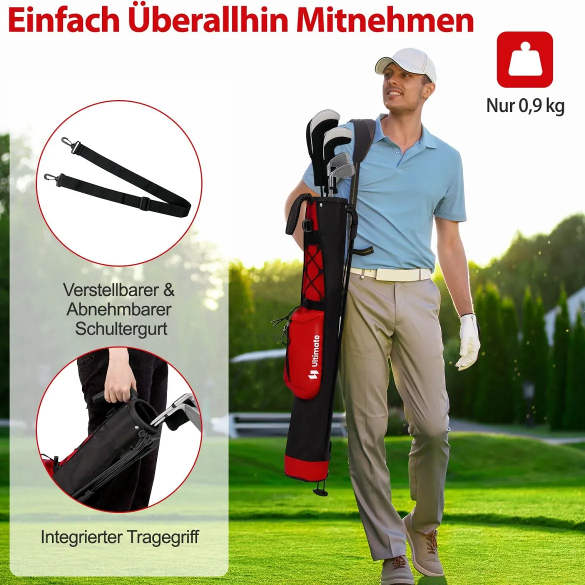 Golf-Standtasche Golfbag mit 2 er Unterteilung & Regenhaube Golftasche leicht mit Schultergurt Rot