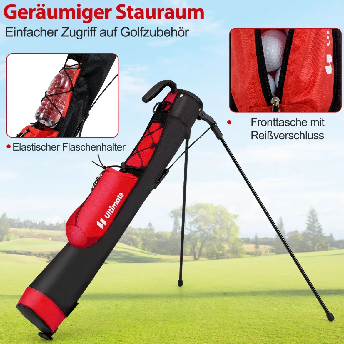 Golf-Standtasche Golfbag mit 2 er Unterteilung & Regenhaube Golftasche leicht mit Schultergurt Rot