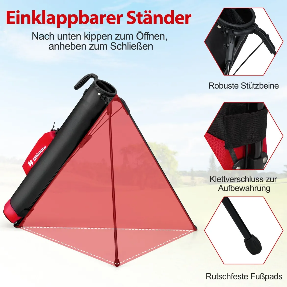 Golf-Standtasche Golfbag mit 2 er Unterteilung & Regenhaube Golftasche leicht mit Schultergurt Rot