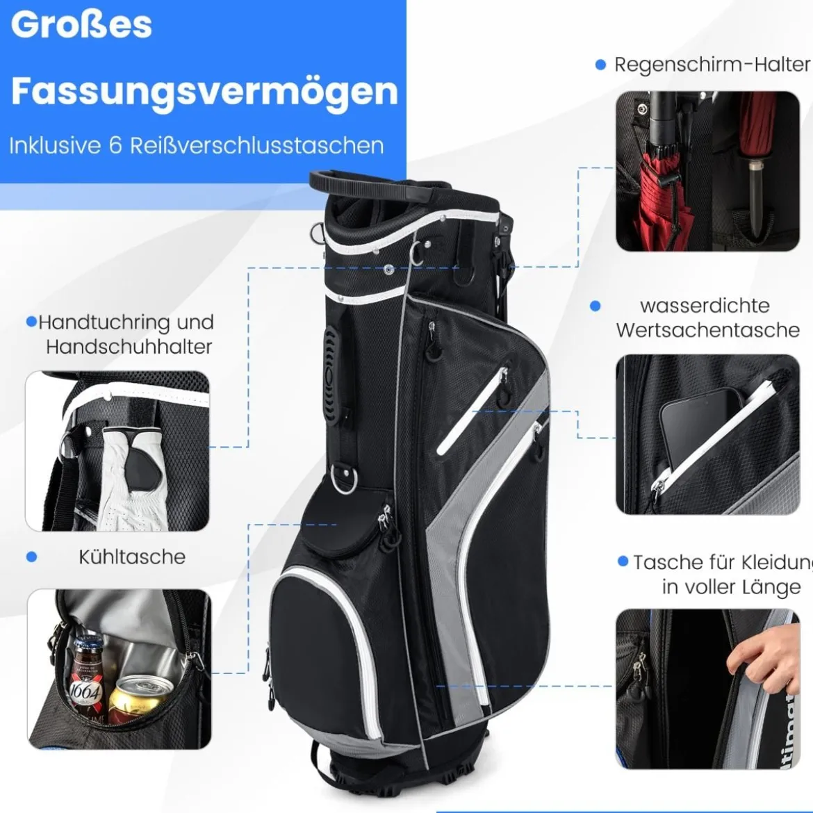Golftasche mit 14-facher Schlägereinteilung & 6 Taschen & Kühltasche & Regenhaube Grau