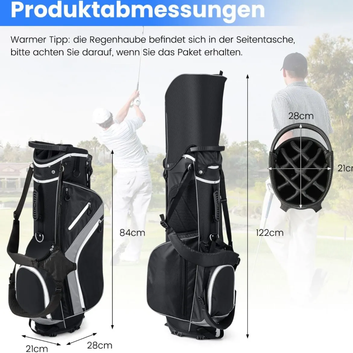 Golftasche mit 14-facher Schlägereinteilung & 6 Taschen & Kühltasche & Regenhaube Grau