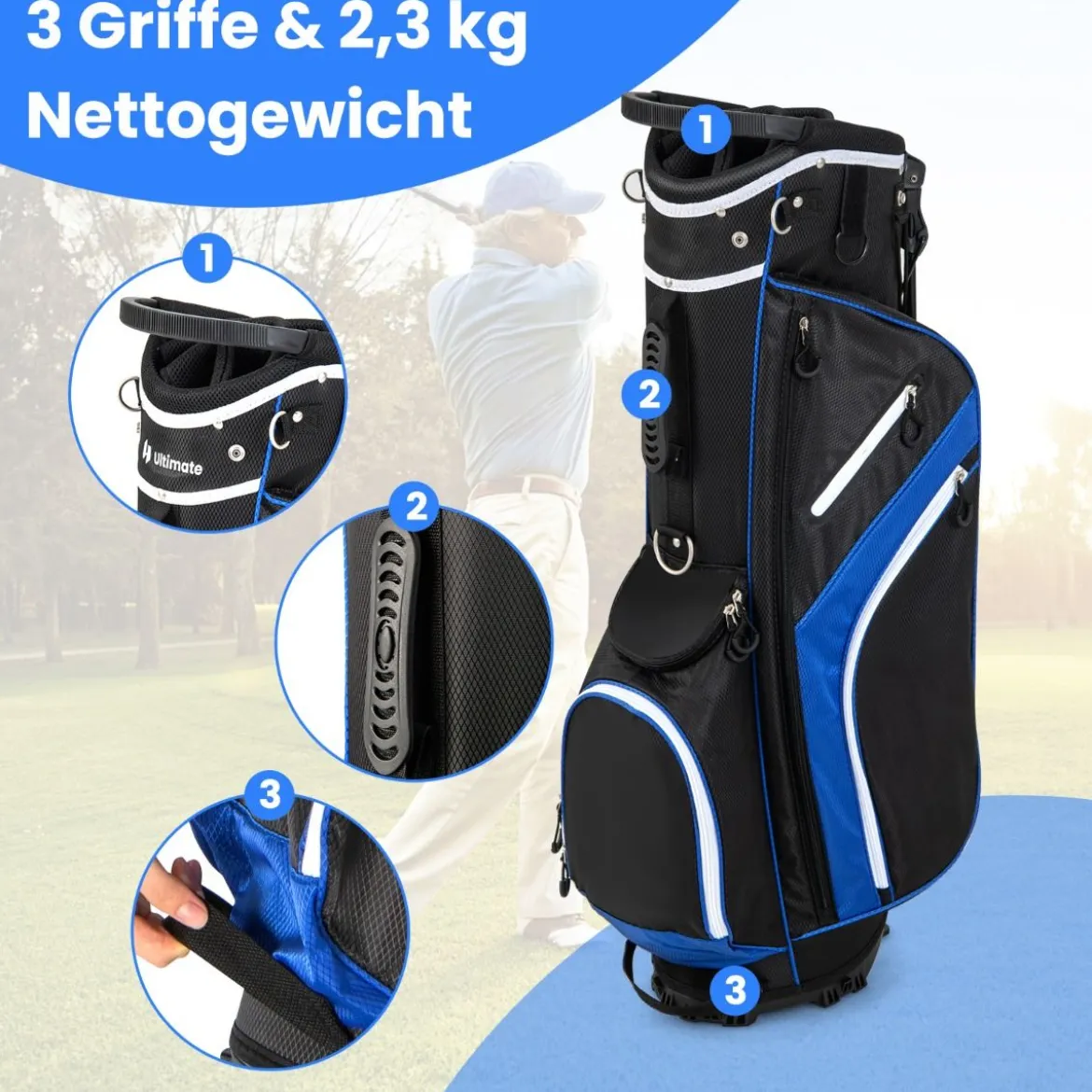 Golftasche mit 14-facher Schlägereinteilung & 6 Taschen & Kühltasche & Regenhaube Blau