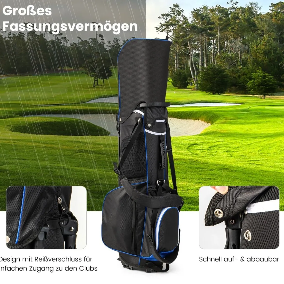Golftasche mit 14-facher Schlägereinteilung & 6 Taschen & Kühltasche & Regenhaube Blau