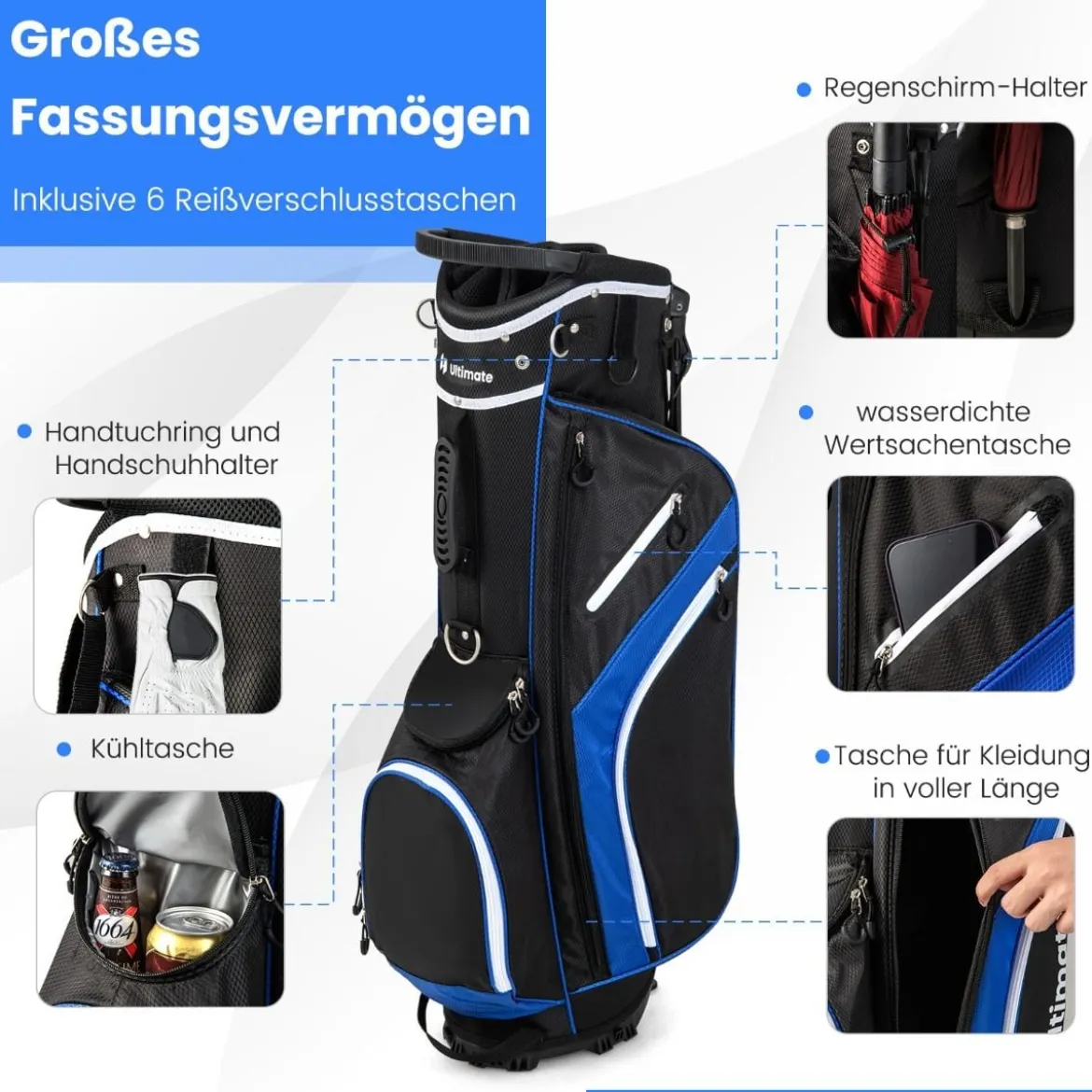 Golftasche mit 14-facher Schlägereinteilung & 6 Taschen & Kühltasche & Regenhaube Blau