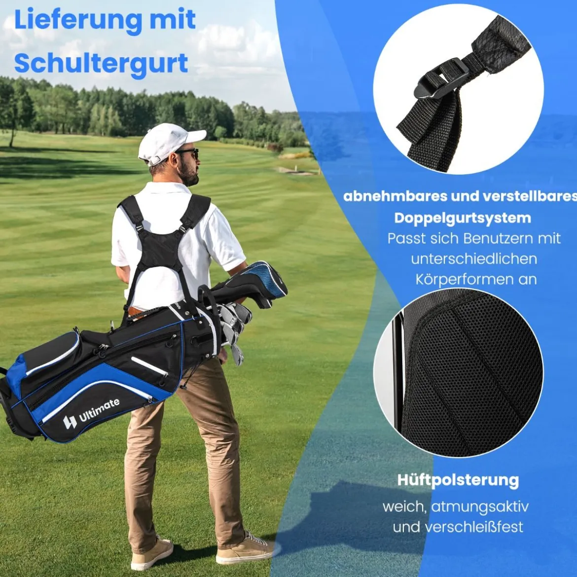 Golftasche mit 14-facher Schlägereinteilung & 6 Taschen & Kühltasche & Regenhaube Blau