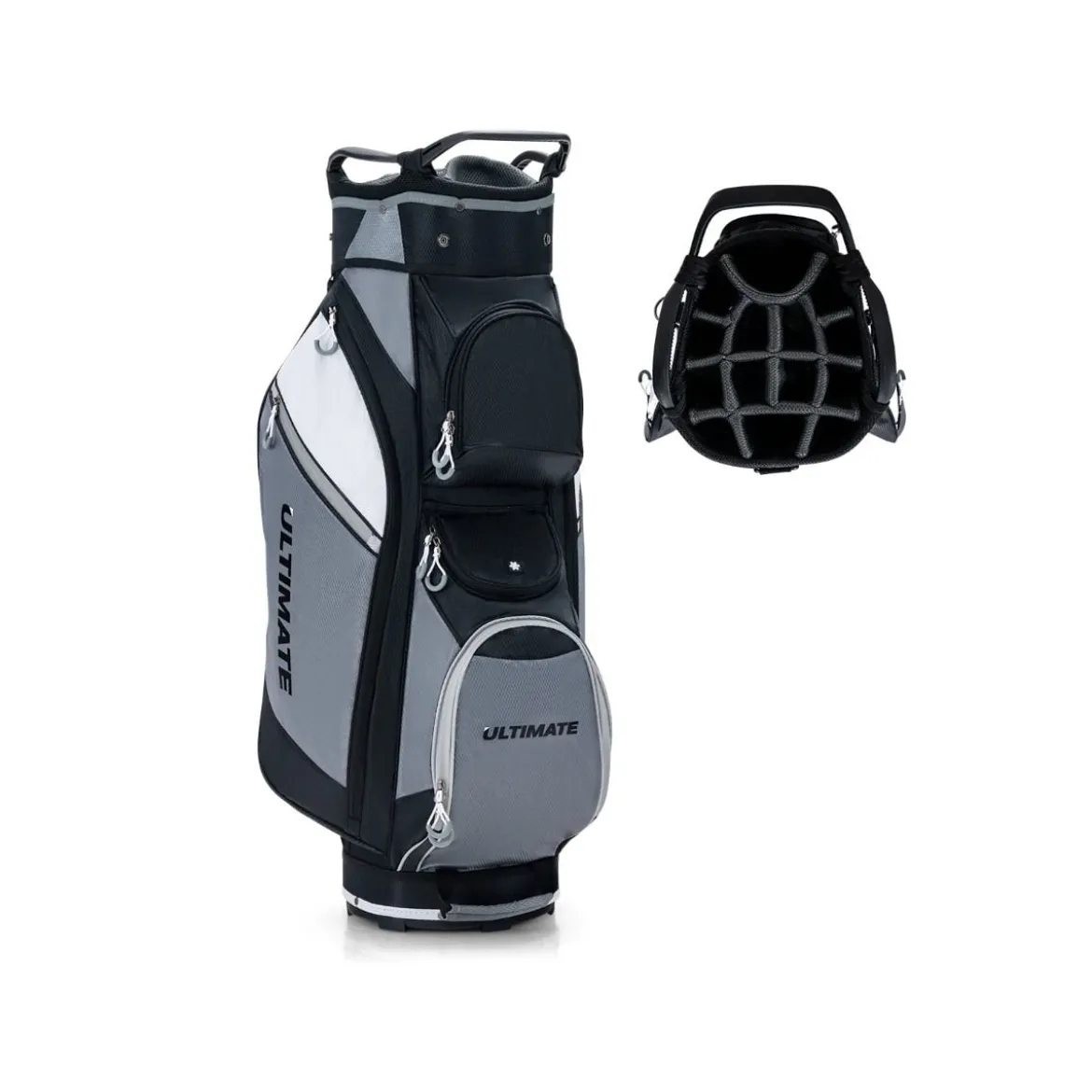 Golftasche mit 14-fach-Unterteilung & Wasserdichter Wertsachentasche Schwarz + Grau