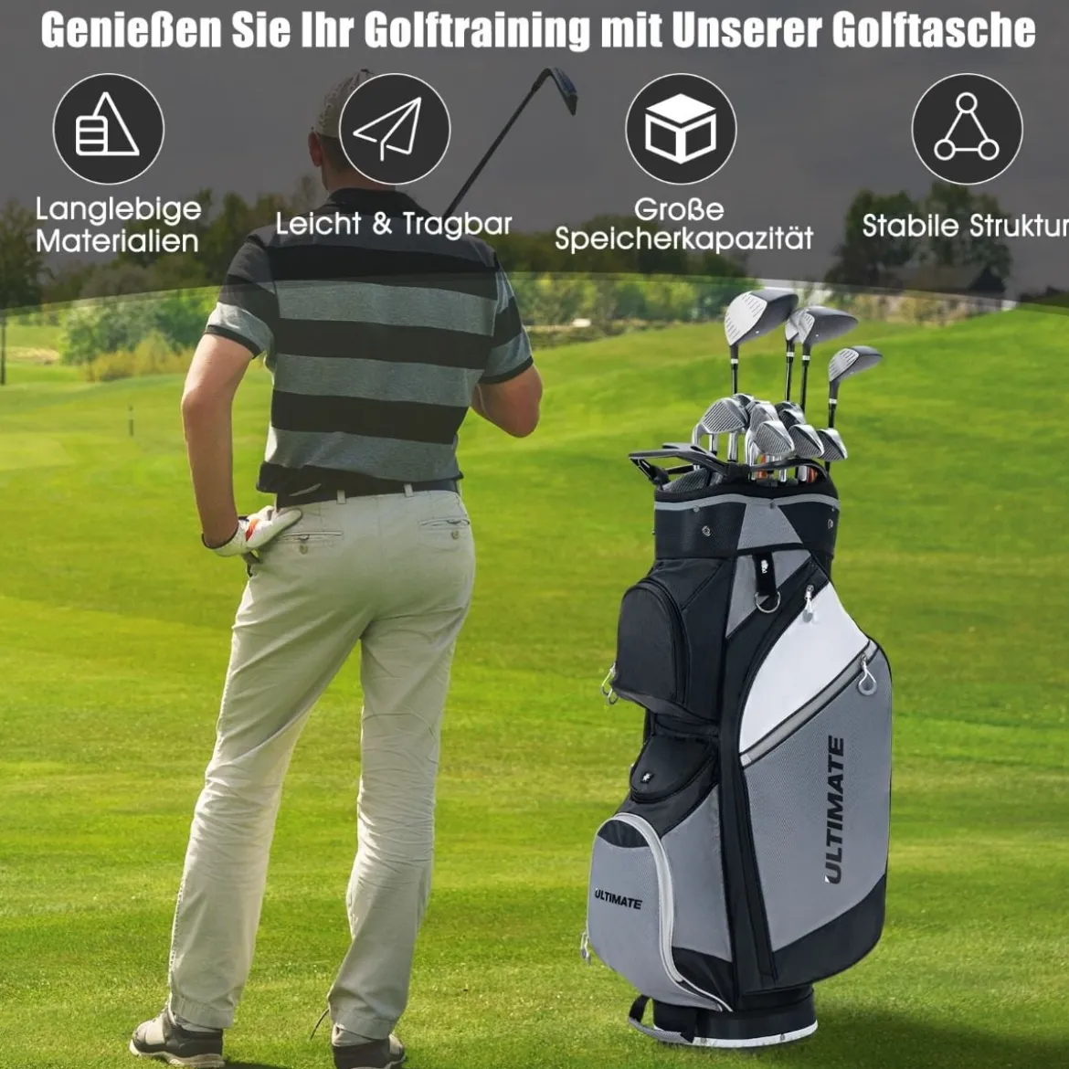 Golftasche mit 14-fach-Unterteilung & Wasserdichter Wertsachentasche Schwarz + Grau
