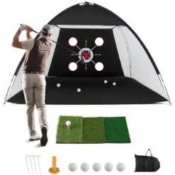 Golf Trainingsnetz mit Abschlagmatte Golfnetz Set mit Zielscheibe 5 Bällen Tee & Bodenankern 314 x 179 x 199 cm