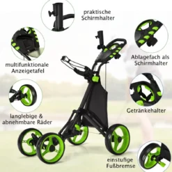 Golf Trolley 4 Rad Golftrolley Golfwagen Golf klappbar Golfcaddy Golf Push Cart aus Aluminum