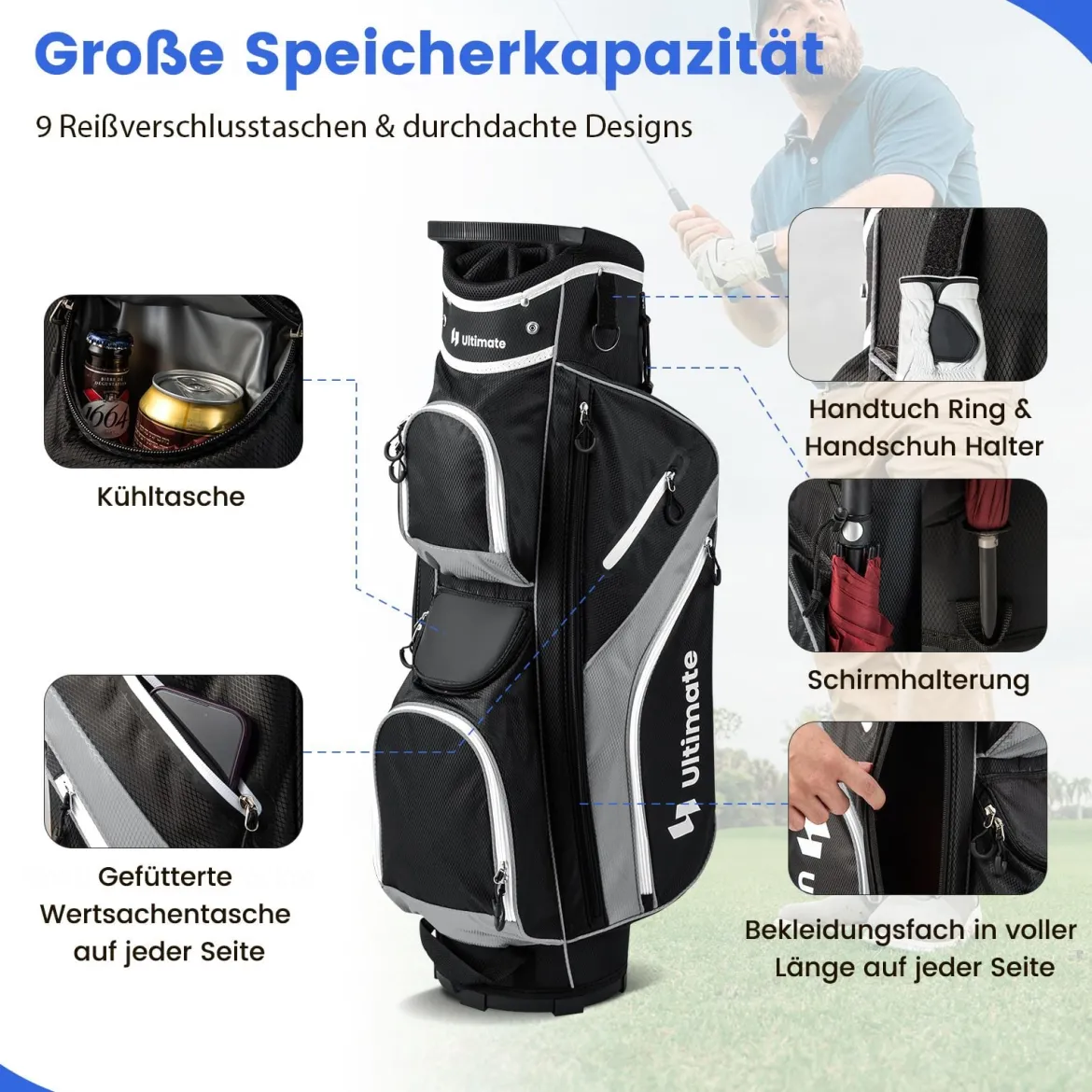 Golf Trolley-Tasche Golfschlägertasche mit 14 Fächern 9 Taschen Kühltasche Schuhfach Grau