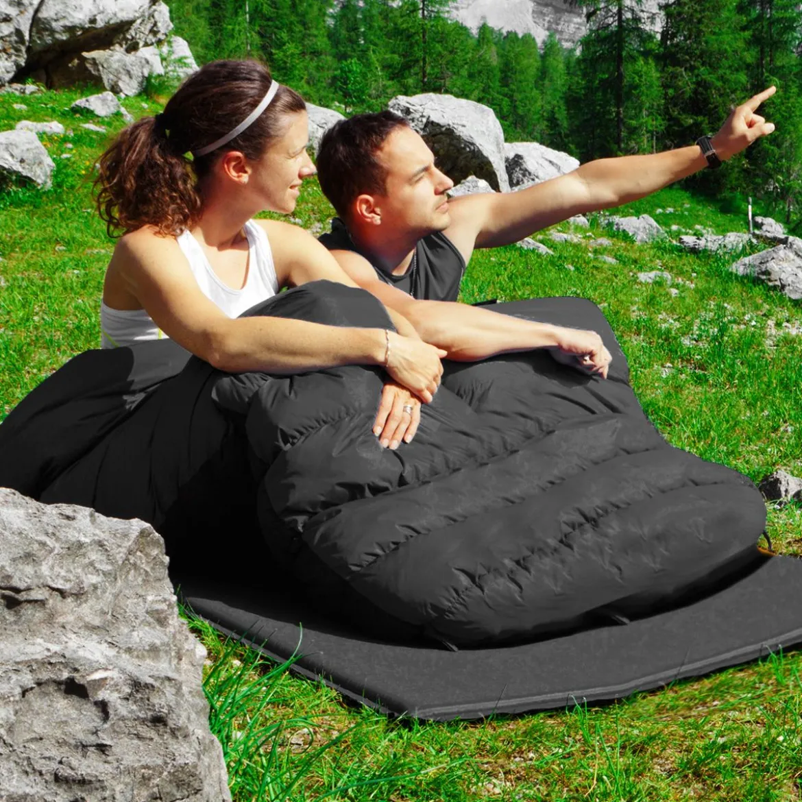 Goplus Doppelschlafsack 2 Personen XL Deckenschlafsack Schlafsack mit 2 Kissen Schwarz/Blau 220 x150 cm