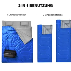 Goplus Doppelschlafsack 2 Personen XL Deckenschlafsack Schlafsack mit 2 Kissen Schwarz/Blau 220 x150 cm