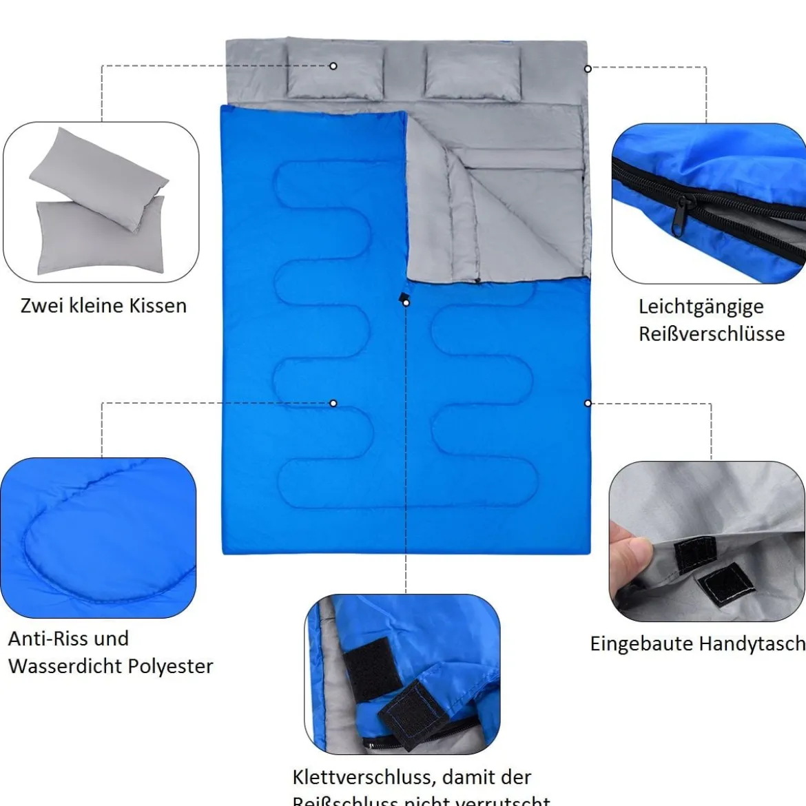 Goplus Doppelschlafsack 2 Personen XL Deckenschlafsack Schlafsack mit 2 Kissen Schwarz/Blau 220 x150 cm