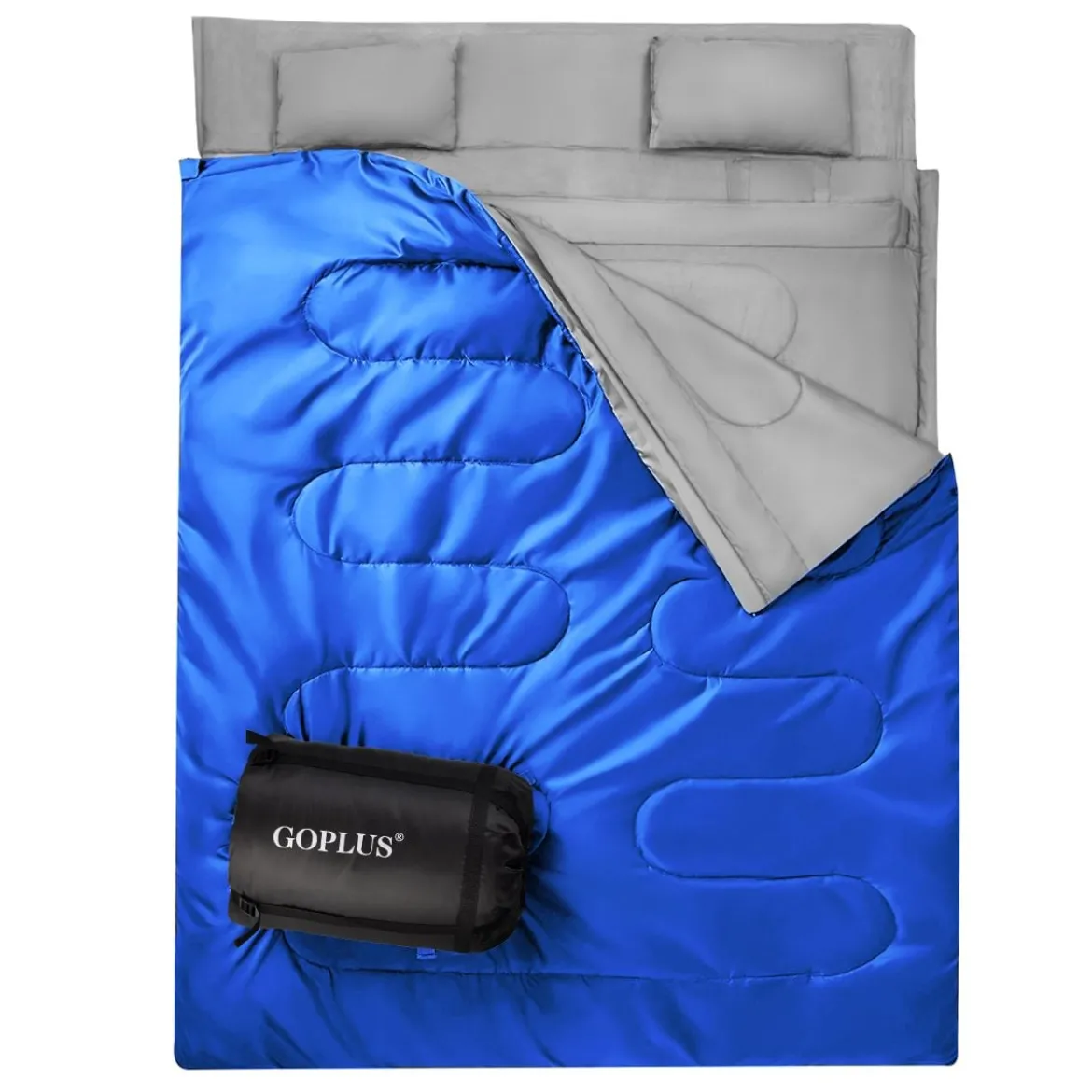 Goplus Doppelschlafsack 2 Personen XL Deckenschlafsack Schlafsack mit 2 Kissen Schwarz/Blau 220 x150 cm