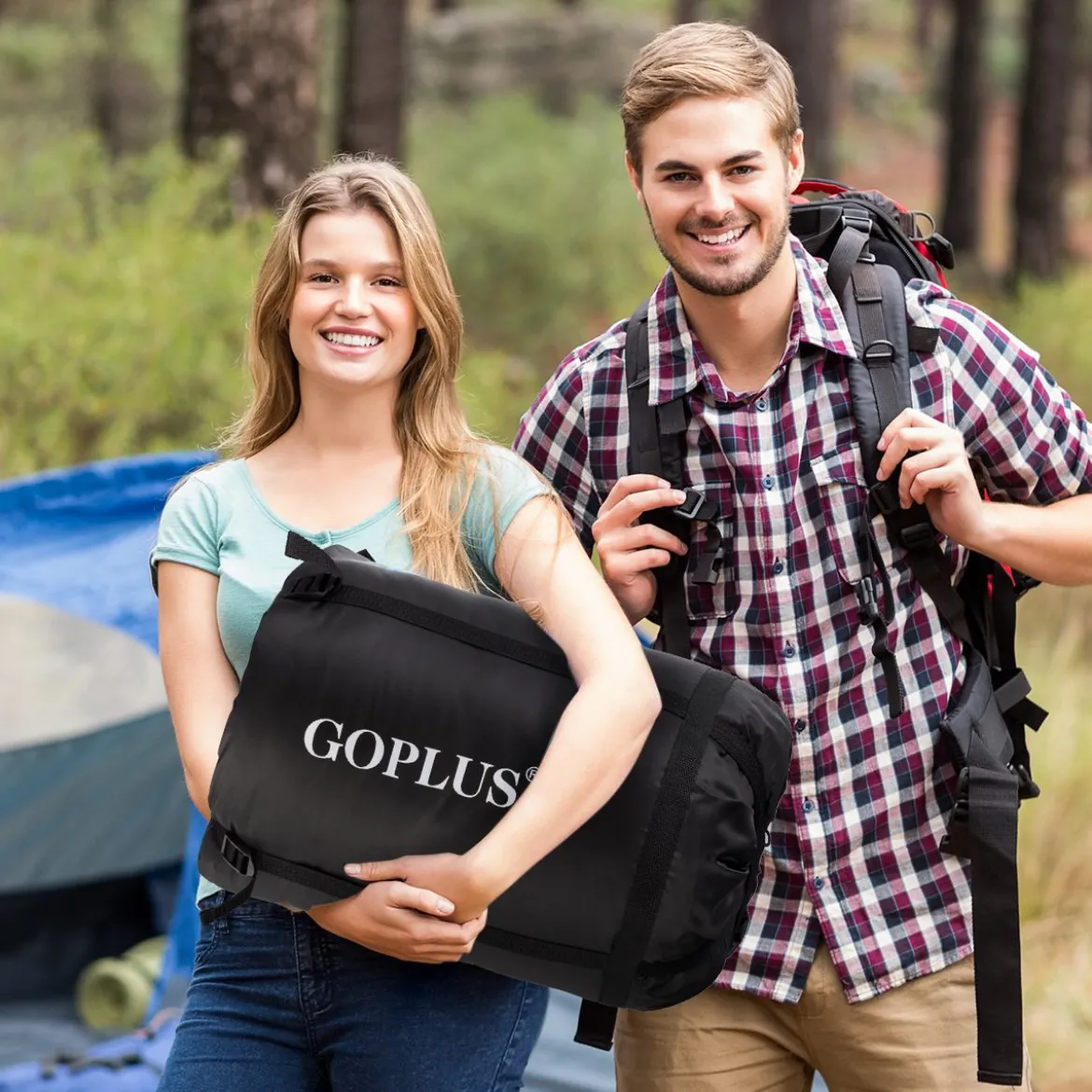 Goplus Doppelschlafsack 2 Personen XL Deckenschlafsack Schlafsack mit 2 Kissen Schwarz/Blau 220 x150 cm