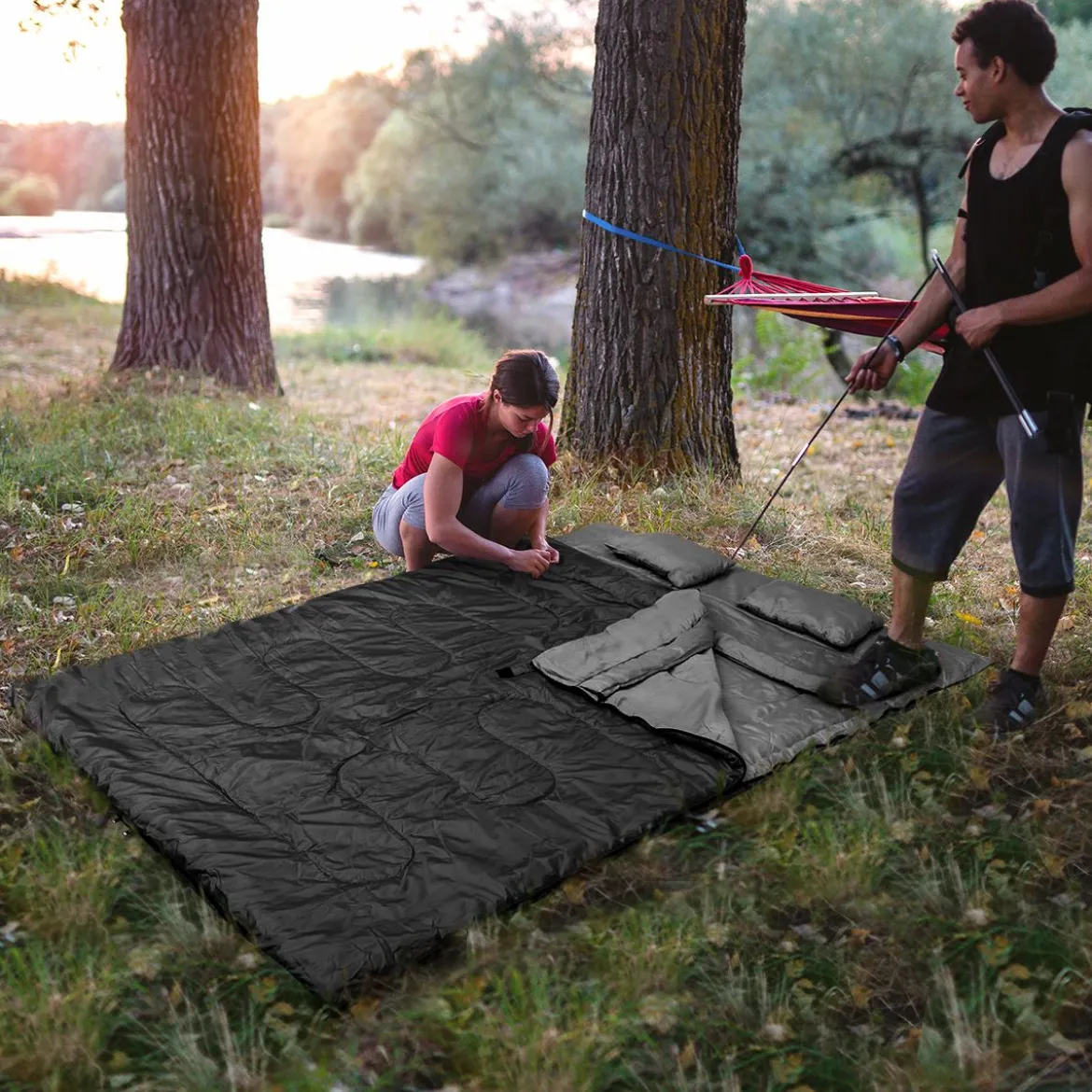 Goplus Doppelschlafsack 2 Personen XL Deckenschlafsack Schlafsack mit 2 Kissen Schwarz/Blau 220 x150 cm