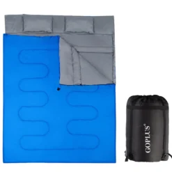 Goplus Doppelschlafsack 2 Personen XL Deckenschlafsack Schlafsack mit 2 Kissen Schwarz/Blau 220 x150 cm