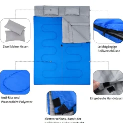 Goplus Doppelschlafsack 2 Personen XL Deckenschlafsack Schlafsack mit 2 Kissen Schwarz/Blau 220 x150 cm
