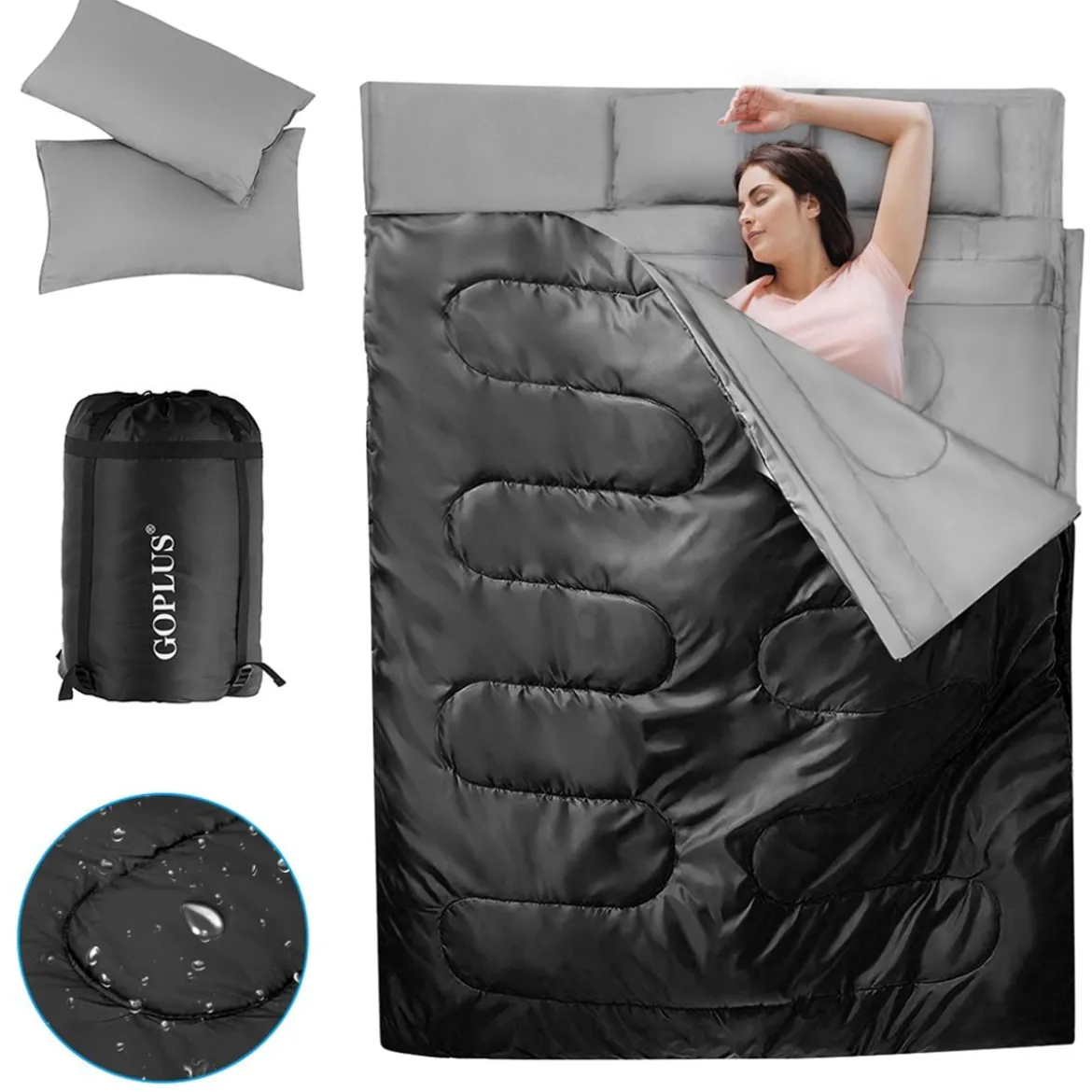 Goplus Doppelschlafsack 2 Personen XL Deckenschlafsack Schlafsack mit 2 Kissen Schwarz/Blau 220 x150 cm