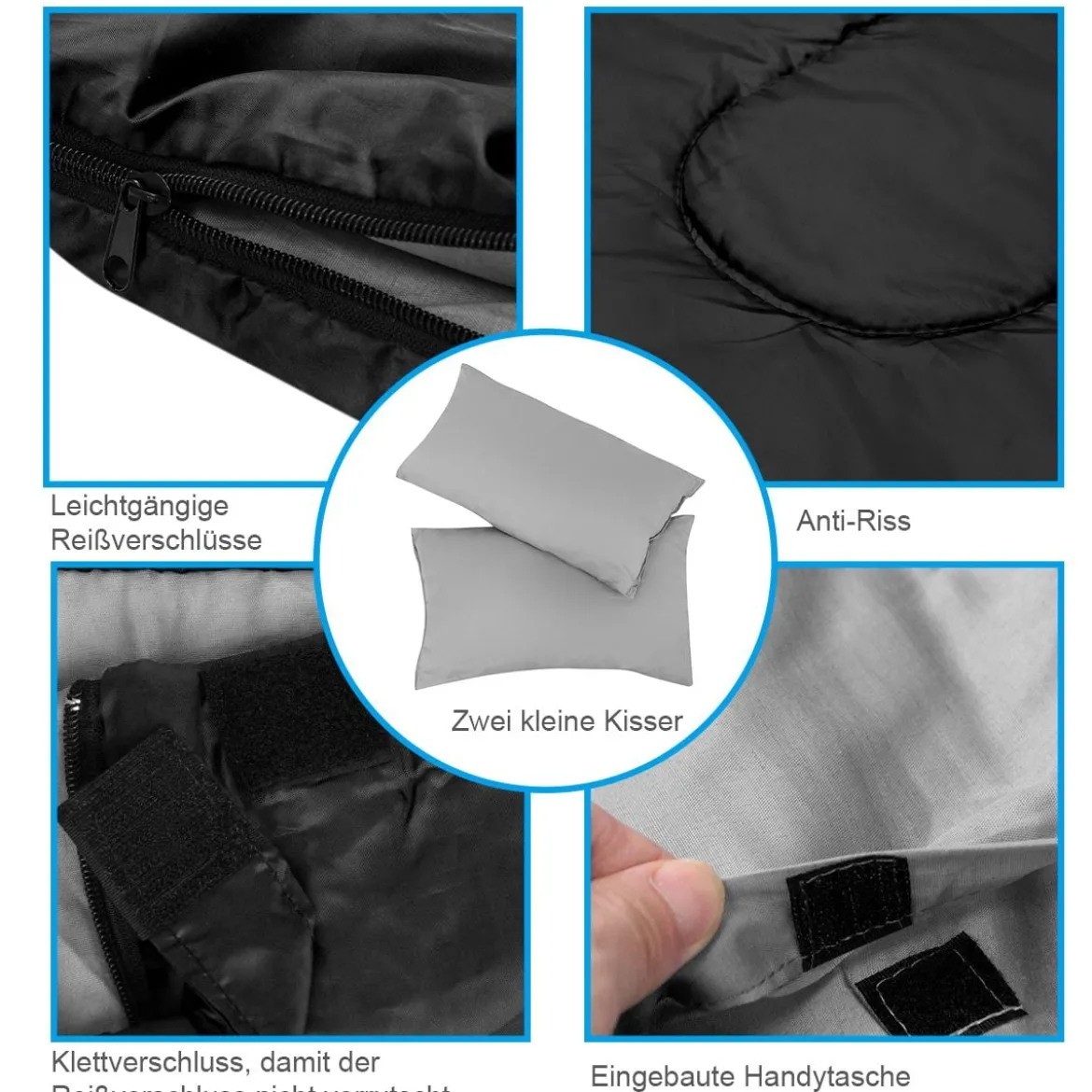 Goplus Doppelschlafsack 2 Personen XL Deckenschlafsack Schlafsack mit 2 Kissen Schwarz/Blau 220 x150 cm