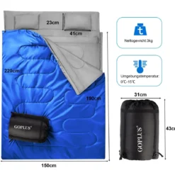 Goplus Doppelschlafsack 2 Personen XL Deckenschlafsack Schlafsack mit 2 Kissen Schwarz/Blau 220 x150 cm