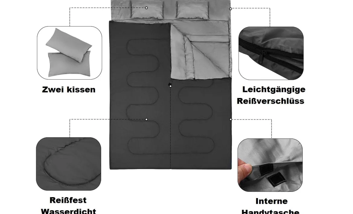 Goplus Doppelschlafsack 2 Personen XL Deckenschlafsack Schlafsack mit 2 Kissen Schwarz/Blau 220 x150 cm