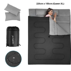 Goplus Doppelschlafsack 2 Personen XL Deckenschlafsack Schlafsack mit 2 Kissen Schwarz/Blau 220 x150 cm