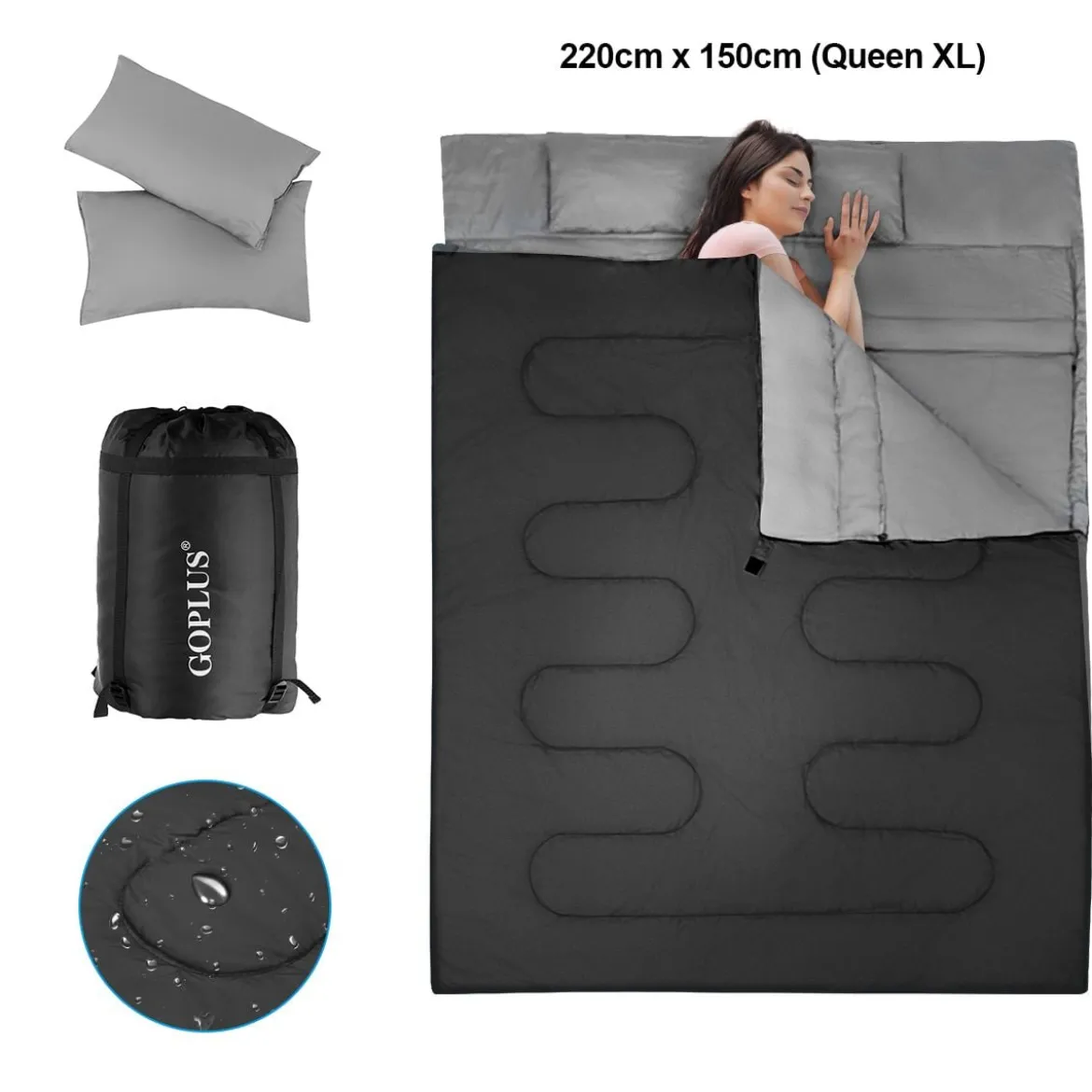 Goplus Doppelschlafsack 2 Personen XL Deckenschlafsack Schlafsack mit 2 Kissen Schwarz/Blau 220 x150 cm