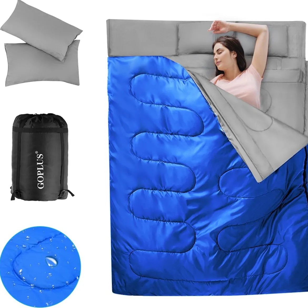 Goplus Doppelschlafsack 2 Personen XL Deckenschlafsack Schlafsack mit 2 Kissen Schwarz/Blau 220 x150 cm