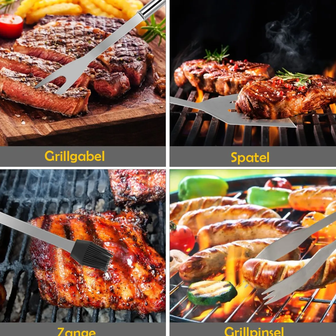Grillbesteck-Set 5-Teilig im Koffer Grillzubehör Edelstahl 37 x 7 x 13 cm