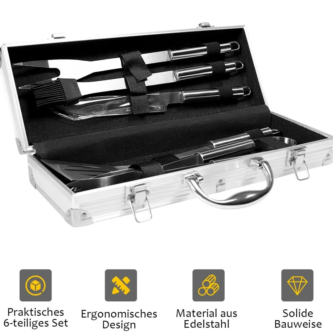 Grillbesteck-Set 5-Teilig im Koffer Grillzubehör Edelstahl 37 x 7 x 13 cm