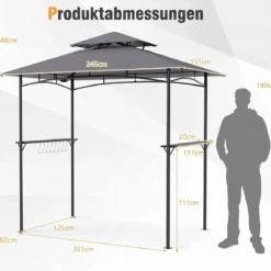 Grillpavillon Grillüberdachung mit Doppeldach Gartenlaube mit 2 Metall-Seitenregalen Grau