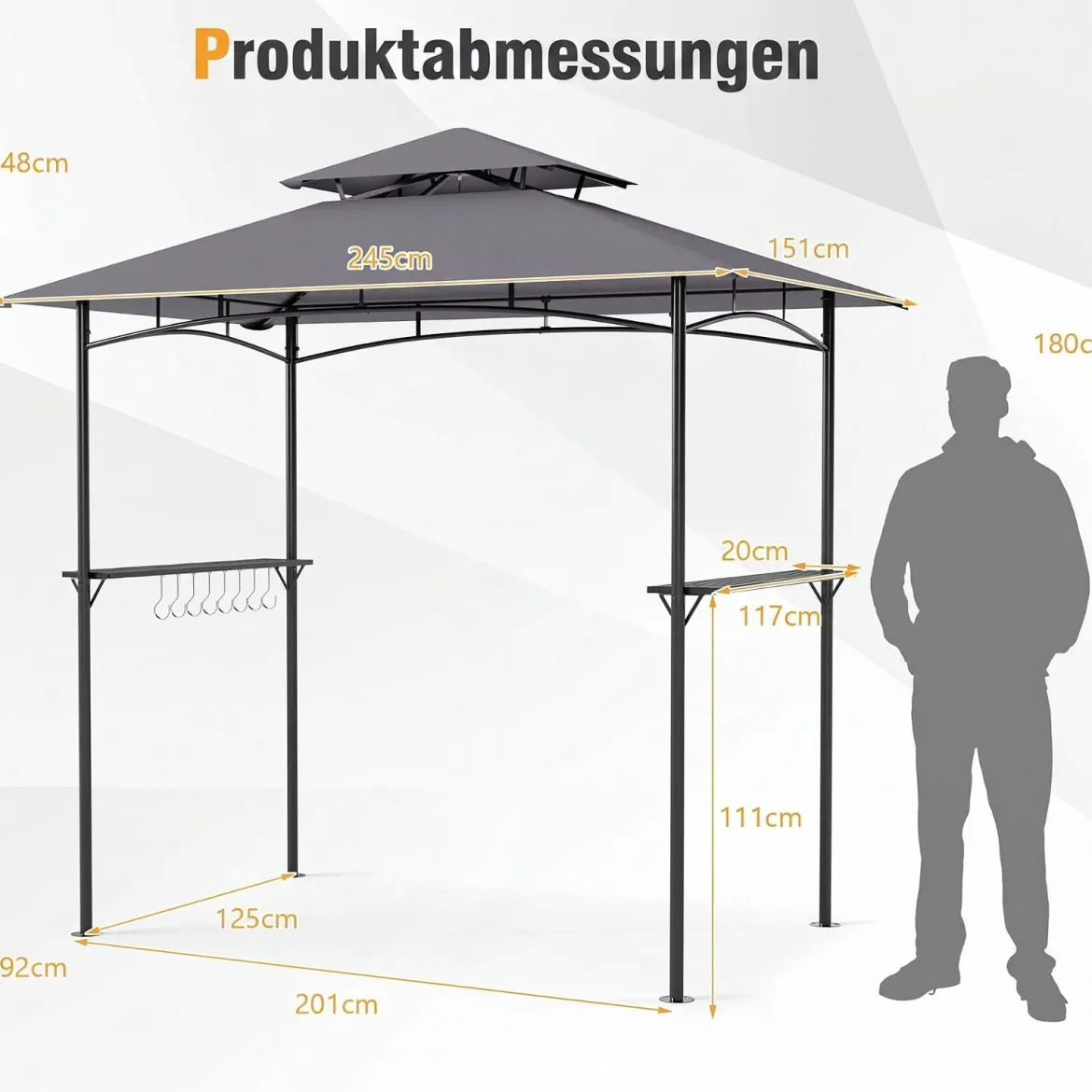 Grillpavillon Grillüberdachung mit Doppeldach Gartenlaube mit 2 Metall-Seitenregalen Grau