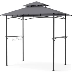 Grillpavillon Grillüberdachung mit Doppeldach Gartenlaube mit 2 Metall-Seitenregalen Grau