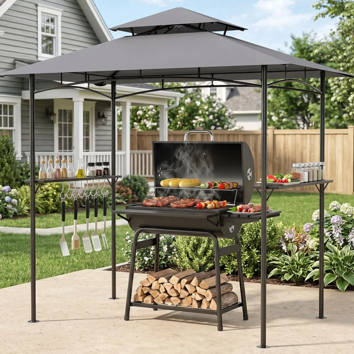 Grillpavillon Grillüberdachung mit Doppeldach Gartenlaube mit 2 Metall-Seitenregalen Grau