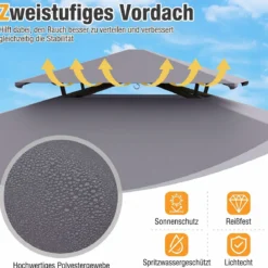 Grillpavillon Grillüberdachung mit Doppeldach Gartenlaube mit 2 Metall-Seitenregalen Grau