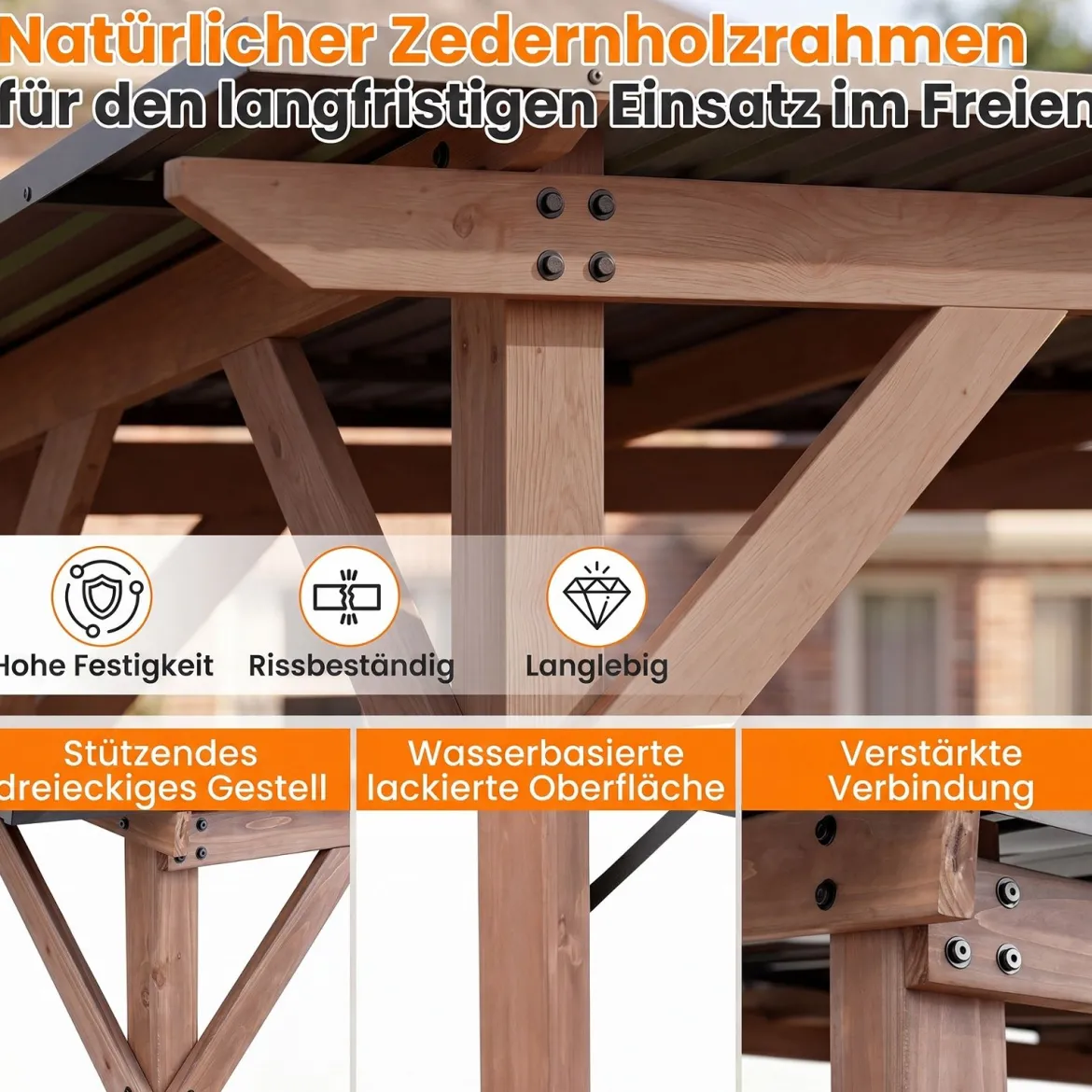 Grillpavillon Holz Grillüberdachung mit 2 Seitenregalen Schrägem Metalldach 263 x 151 x 223cm