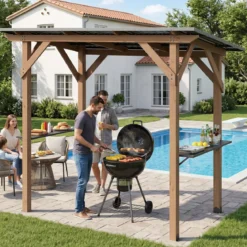 Grillpavillon Holz Grillüberdachung mit 2 Seitenregalen Schrägem Metalldach 263 x 151 x 223cm