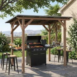 Grillpavillon Holz Grillüberdachung mit 2 Seitenregalen Schrägem Metalldach 263 x 151 x 223cm