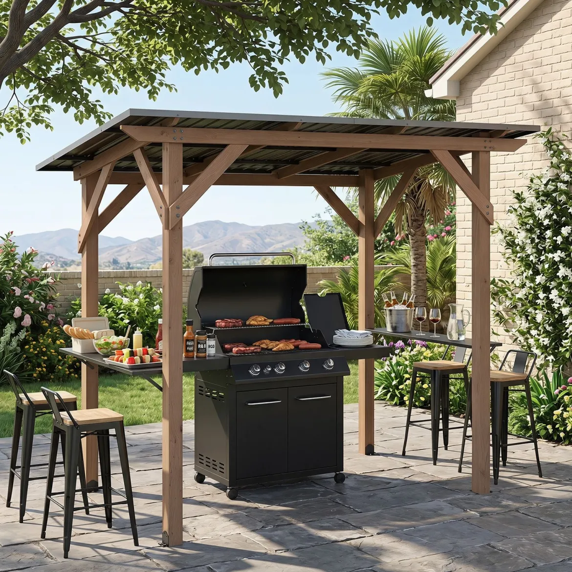 Grillpavillon Holz Grillüberdachung mit 2 Seitenregalen Schrägem Metalldach 263 x 151 x 223cm