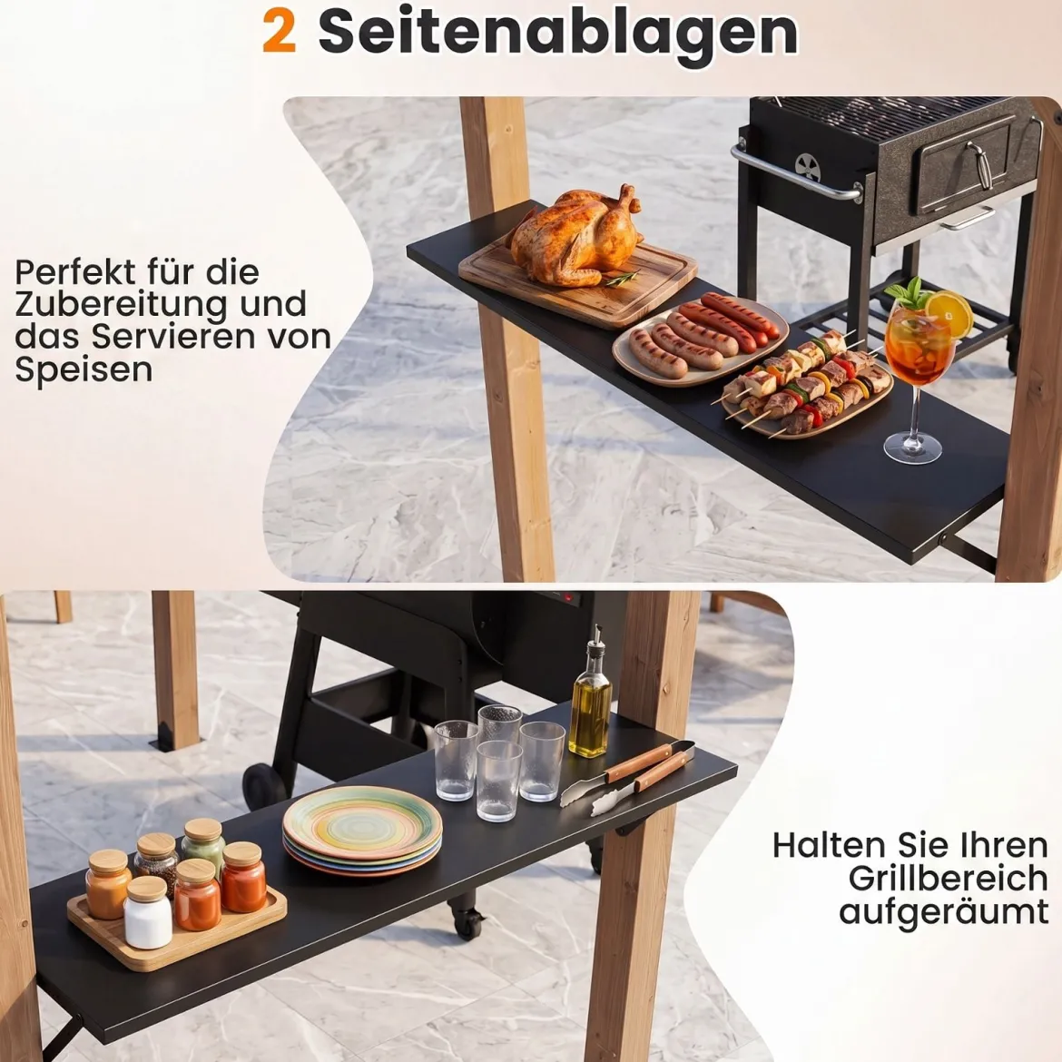 Grillpavillon Holz Grillüberdachung mit 2 Seitenregalen Schrägem Metalldach 263 x 151 x 223cm