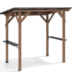 Grillpavillon Holz Grillüberdachung mit 2 Seitenregalen Schrägem Metalldach 263 x 151 x 223cm