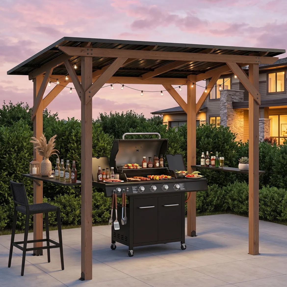 Grillpavillon Holz Grillüberdachung mit 2 Seitenregalen Schrägem Metalldach 263 x 151 x 223cm