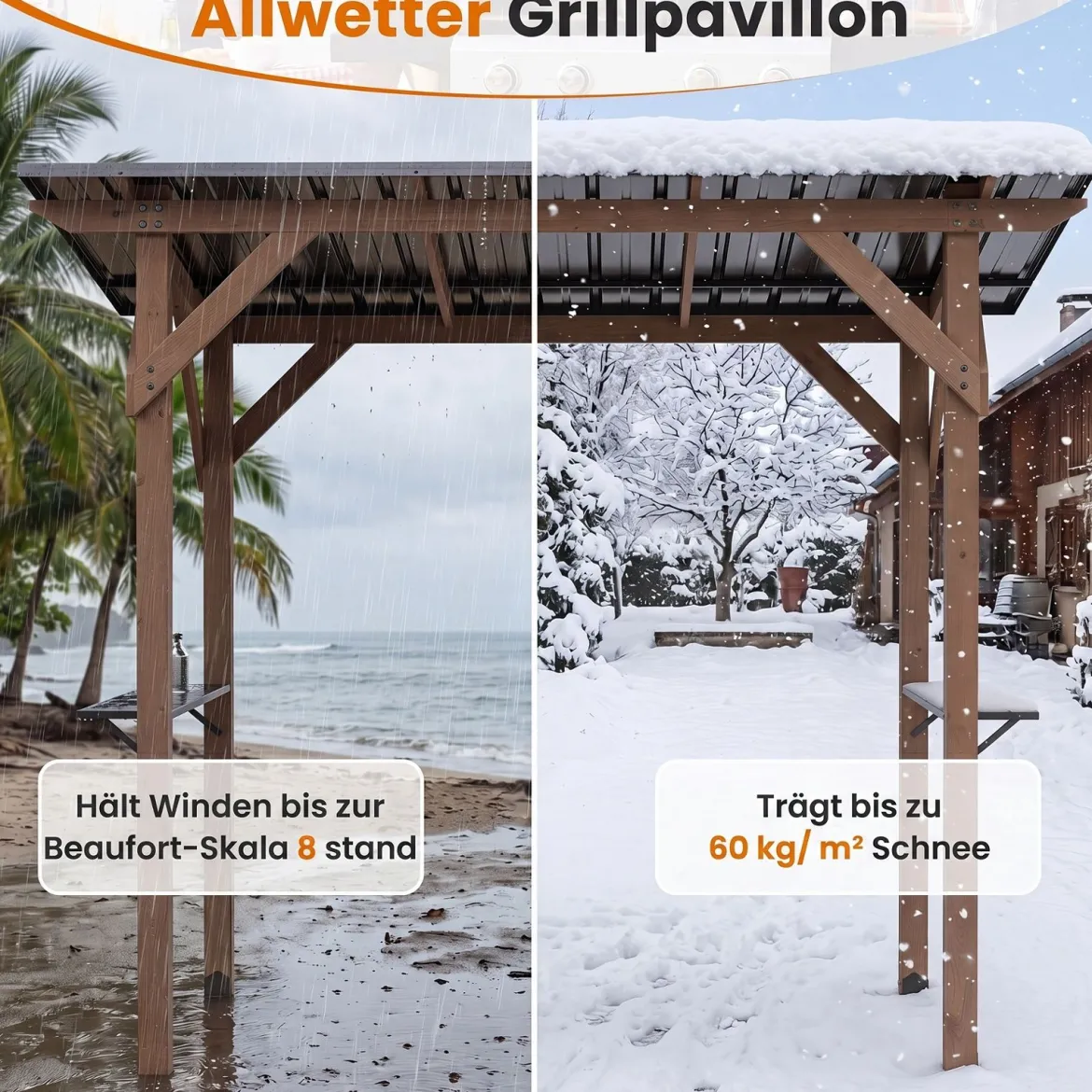 Grillpavillon Holz Grillüberdachung mit 2 Seitenregalen Schrägem Metalldach 263 x 151 x 223cm