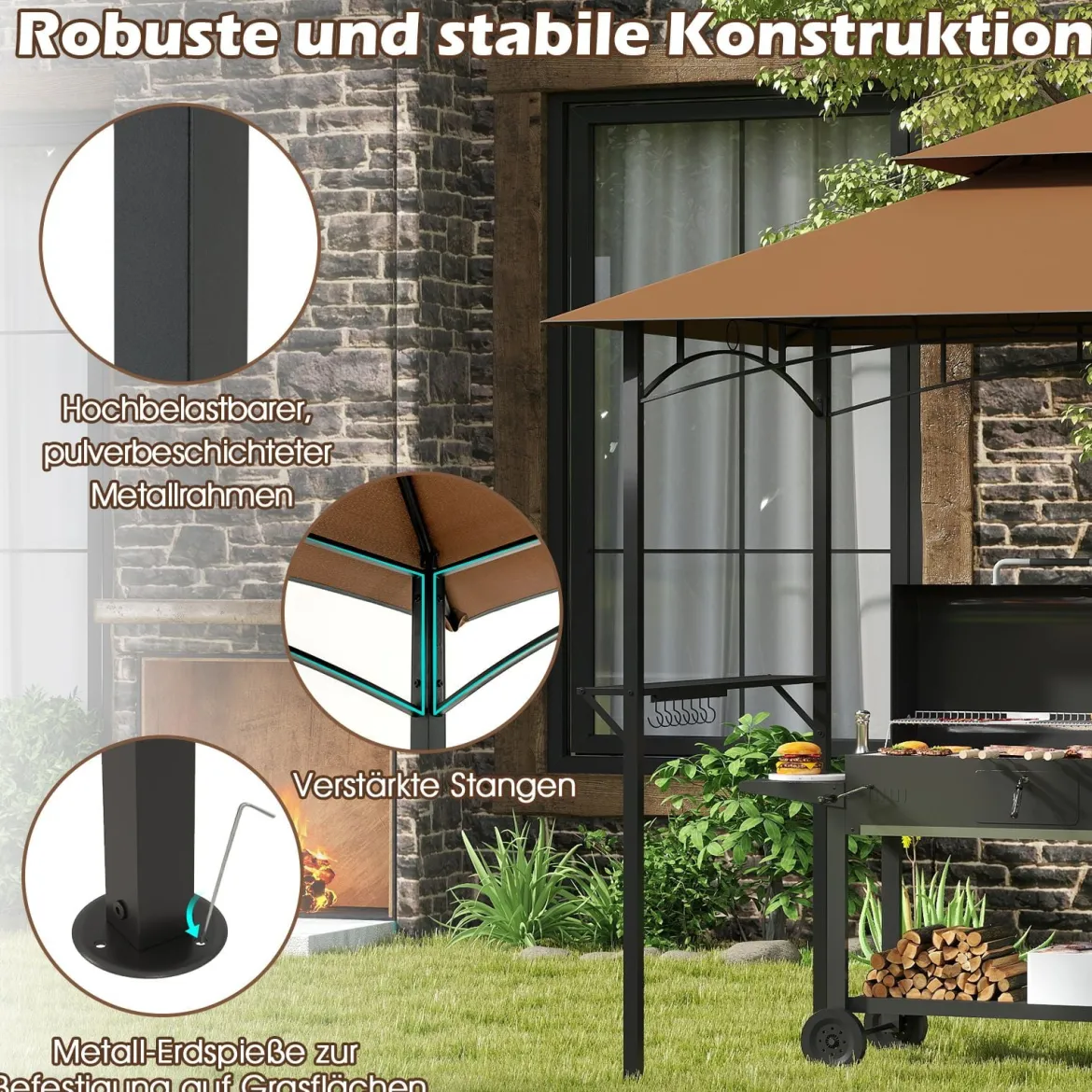 Grillpavillon mit Doppeldach & Seitenregalen & 7 Haken Wetterfeste Grillüberdachung Braun