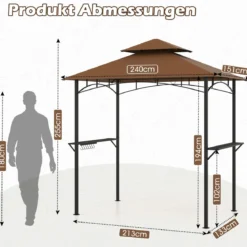 Grillpavillon mit Doppeldach & Seitenregalen & 7 Haken Wetterfeste Grillüberdachung Braun