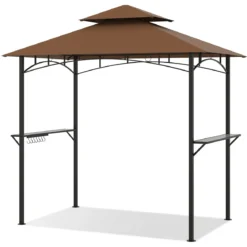 Grillpavillon mit Doppeldach & Seitenregalen & 7 Haken Wetterfeste Grillüberdachung Braun